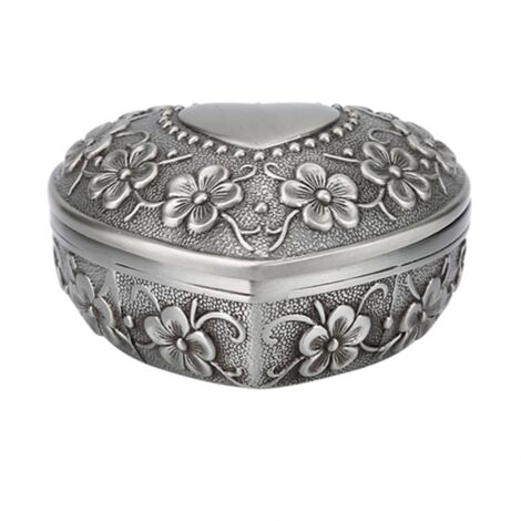 Vintage-Schmuckkästchen aus Metall in Herzform mit floraler Gravur, zur Aufbewahrung antiker Halsketten und Ohrringe