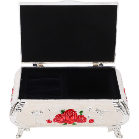 Vintage-Schmuckkästchen mit geprägten Rosen, Zinklegierung, weichem Samt, leuchtenden Farben, glänzender Oberfläche, klein und sicher – Design in Weißsilber und roten Rosen