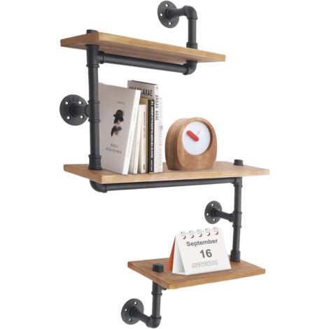 Vintage Shelves Wandregal, Schweberegal mit 3 Ebenen, 3 Schichten Industrielle Rohrregal Wandregal Massivholzregal Rohr Regal Metall Aufbewahrungsregale Bücherregal Lagerung Retro