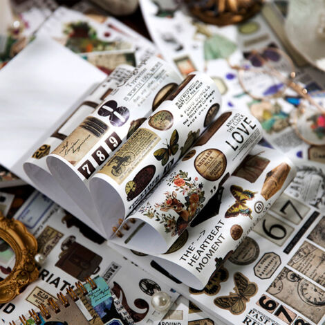 Vintage-Sticker-Kollektion, 50 Washi-Papiersticker für DIY-Tagebücher, Fotoalben, Notizbücher, Umschläge, Geschenkverpackungen, Retro-Stil