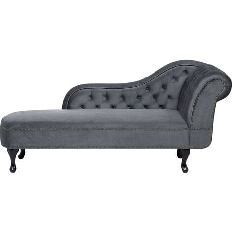 Vintage Style Right Hand Chaise Lounge Velvet Fabric Chesterfield Grey Nimes - Grey