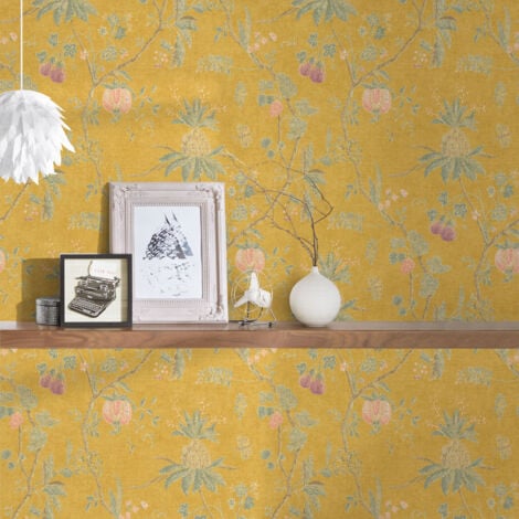 BRICOFLOR Vintage Tapete in Gelb mit Blumen im Shabby Chic Romantische Vliestapete floral in Senfgelb für Wohnzimmer und Schlafzimmer