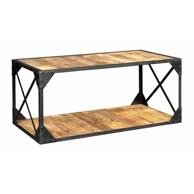 Vintage Up cycled Industrial Coffee Table with Shelf Metal and Wood - Light Wood