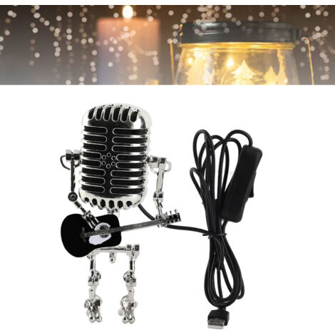 Vintage USB-Mikrofon-Roboter-Gitarren-Retro-Tischlampe, Nachtlicht aus Aluminium, Schwarz, für Zuhause, Büro oder Schlafzimmer