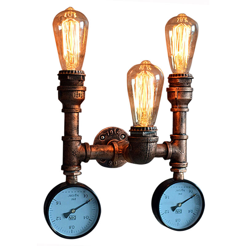 Axhup - Vintage Wall Light, Creative Industrial Water Pipe Wall Lamp, 3 Lights Decorative Metal Wall Sconce with Water Meter E27 Fixtures for Bedroom