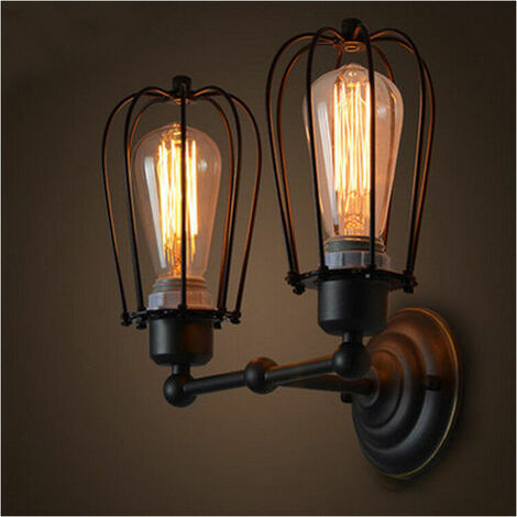 Vintage Wall Lights Adjustable Socket Industrial Lighting Rustic Wire Metal Cage Sconces Indoor Home Wall Lamp Retro Light Fixture (2-Light Lamp Base) (Black)