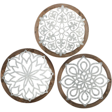 Vintage-Wanddeko aus Holz – 3er-Pack handgefertigte runde Skulpturen – Hängender Schnitzschmuck