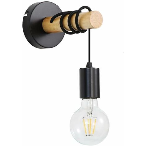 Vintage Wandleuchte aus Holz, industrielle Retro-Wandleuchte, hängende Wandlampe mit rundem Sockel aus Metall, schwarze E27-Wandbeleuchtung für Schlafzimmer, Wohnzimmer, Flur (ohne Glühbirnen) 13Thirt