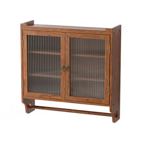 Vintage-Wandschrank mit Glastüren (63 cm), drei Ablageflächen und Handtuchhalter, für Bad, Küche und Esszimmer, braun
