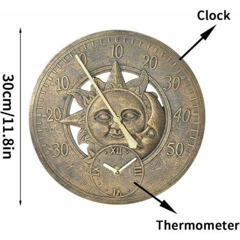 Vintage-Wandthermometer, Retro-Wanduhr mit Sonnen- und Mondmotiv, wasserdicht, für drinnen und draußen geeignet, z. B. für Pool, Zaun oder Terrasse