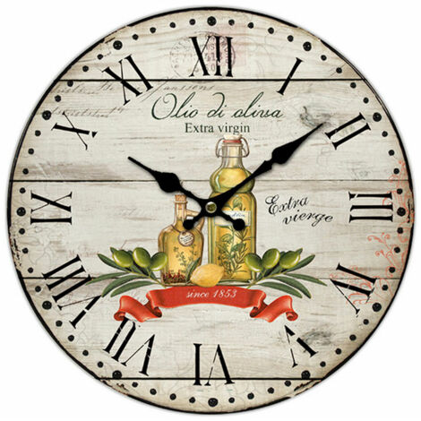 Vintage-Wanduhr aus MDF mit Oliven- und Flaschenmotiv