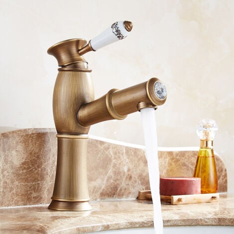 Vintage Waschtischarmatur mit Herausziehbarer Brause Einhebelmischer Armatur Wasserhahn Bad aus Messing