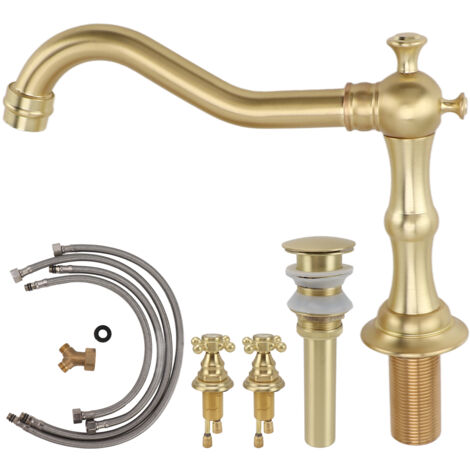 Vintage-Waschtischarmatur mit zwei Griffen, massives Messing, goldfarben, Warm-/Kaltwassermischer