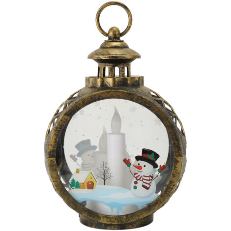 Vintage-Weihnachtslaterne mit blinkender LED-Kerze und Flammeneffekt, Bronze-Dekoration, großer Schneemann