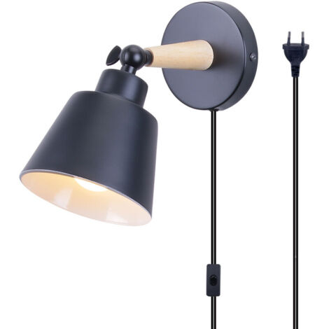 Vintages Appliques Murales Réglable Industrielles en Métal et Bois, Lampe de Mur Luminaire d'intérieur E27 avec Interrupteur 1.8M Corde - Noir
