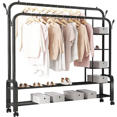 VINTEKY® Penderie à Vêtement, Porte-manteau, double portant en métal 3 étages avec roues rangement chaussures 150x162x50cm - Noir