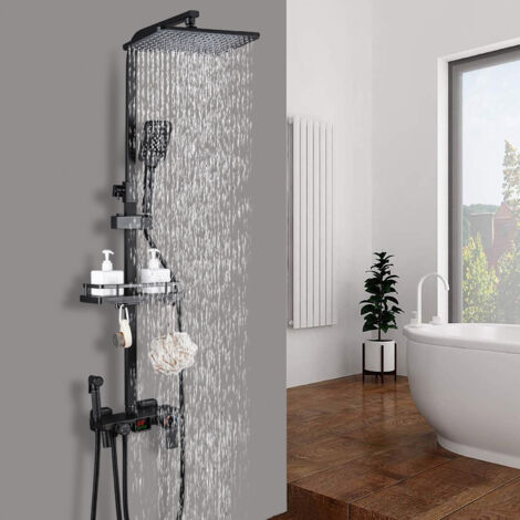 VINTEKY Système de douche - Avec douche à effet pluie et douchette à main, système de douche anti-brûlure, étagère de douche multifonction pour salle de bain LED-écran de visualisation