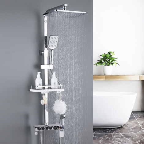VINTEKY Système de douche noir avec mélangeur thermostatique, robinet de douche avec douche à effet pluie, douchette à main et barre de douche réglable en hauteur