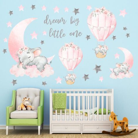 Vinyl-Wanddekoration: Elefantenaufkleber mit Rosen-, Mond-, Sternen- und Ballonmotiven – 90 x 40 cm für Kinderzimmer