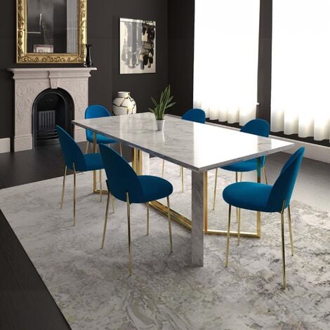 VIOLA - Table à manger rectangulaire design effet marbre blanc et doré - Blanc