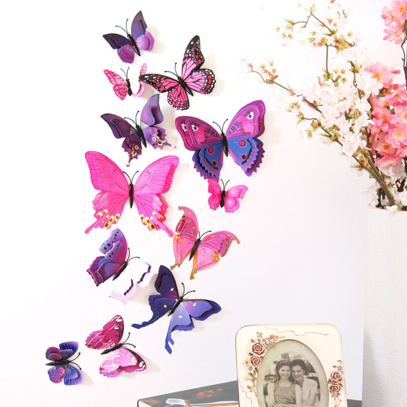 Linghhang - Violet ,12 Pcs 3D Papillon Stickers Muraux Décoration Papillon pour Fête, Chambre, la Décoration de Gâteau, pour Filles et Garçons