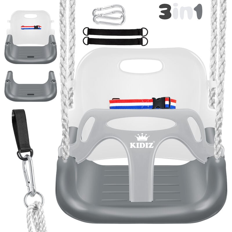 Balançoire enfant Balançoire 3 en 1 Siège bébé réglable Siège balançoire évolutif Balançoire de jardin pour bébé enfant avec dossier et ceinture de