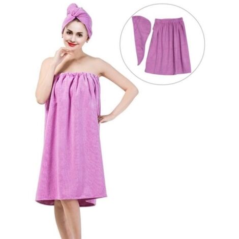(Violet clair, Blanc, Rose, Rose Rouge, Bleu, Café)Serviette de bain, ensemble jupe de bain en fibre douce + bonnet de séchage, violet clair ES006