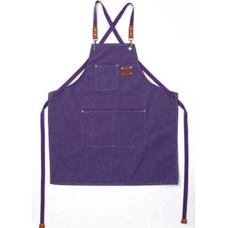 (Violet)Tablier Cuisine Homme Tabliers en Toile avec 3 Poches Imperméable et Réglable Apron pour Barbecue, Restaurant,Jardin, Charpentier，78 x 68cm