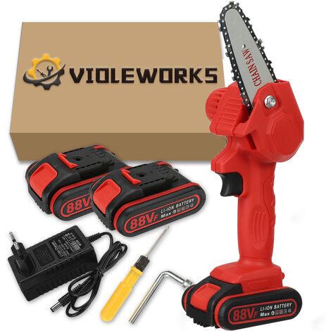 VIOLEWORKS 88V 1080W 4 pouce Scie à Bois Portable Scie à chaine électrique sans fil (Rouge, 2 batterie)