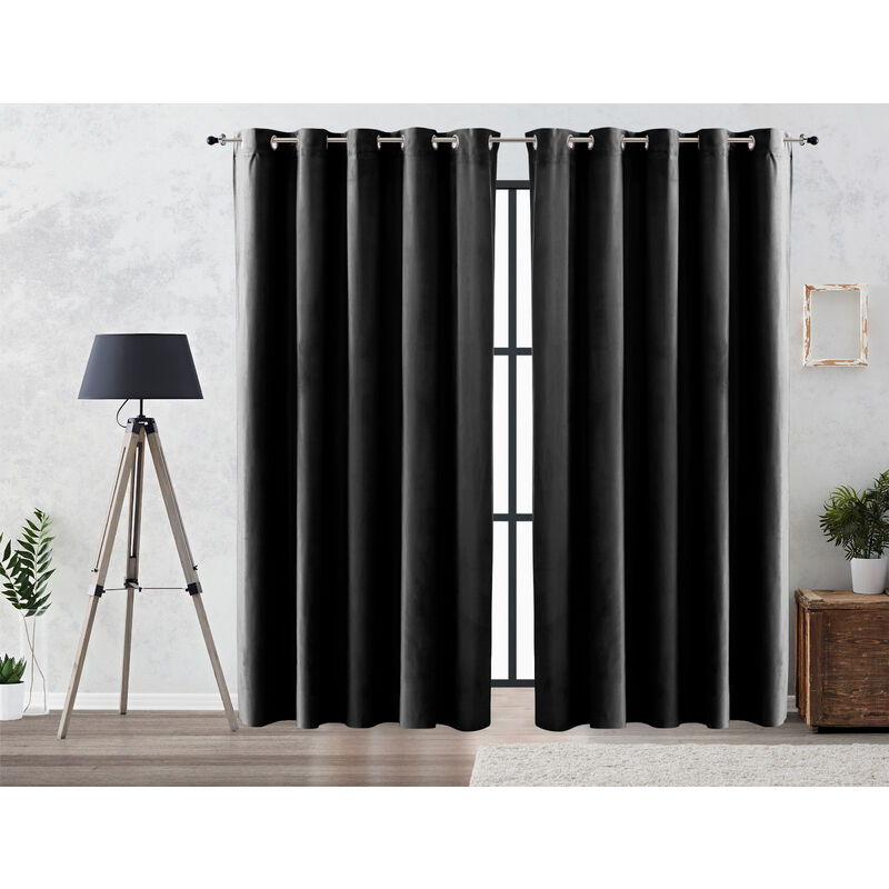 

Cortina Efecto Terciopelo Oscurante Lisa Anillas 200x260 cm Negro - Vipalia