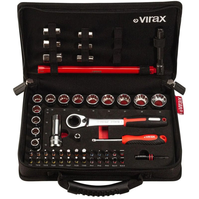 Coffret Virax 51 outils spécial plomberie : douilles traversante + embouts 1/4' + clé robinet