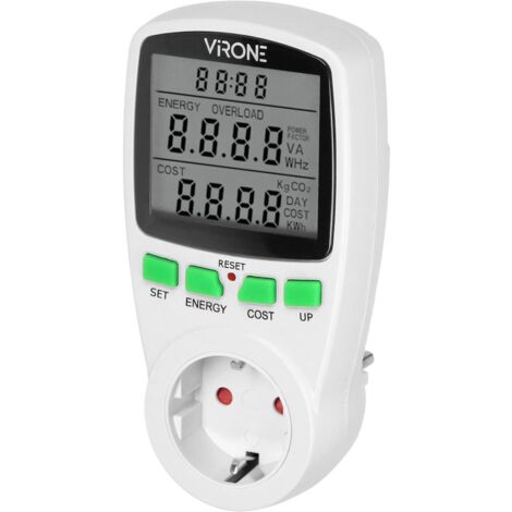 Virone EM-4(GS) Medidor de energía, Consumo Vatiómetro, Calculadora de energía, pantalla LCD, conexión Schuko, Norma alemana, medición precisa de consumo eléctrico