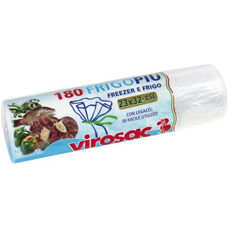 VIROSAC 111981, Frigo Più - Sacchetti per frigo e freezer 23x32, con legacci, 180 pezzi per rotolo