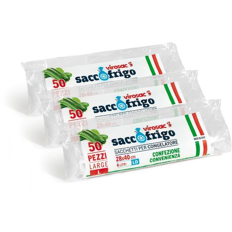 VIROSAC Sacco Frigo - Sacchetti per la Conservazione e la Congelazione Degli Alimenti, LDPE, Trasparente, 28 x 40, 50 Pezzi per Rotolo, Kit da 3 Rotoli,