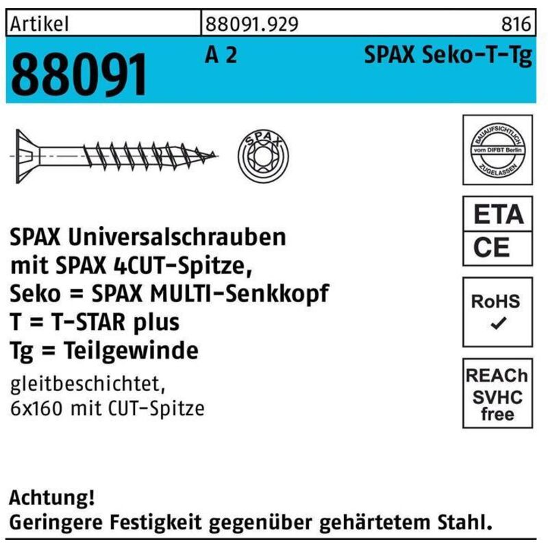 Vis acier inoxydable, 6 x 90 mm, 100 unités, Filetage partiel, Tête fraisée, t-star plus T30, 4CUT, Acier inoxydable inoxydable A2 - 0197000600903