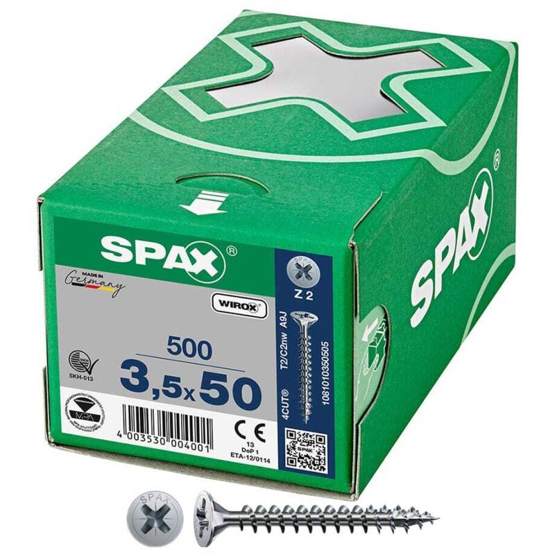 Vis à bois aggloméré tête fraisée Pozidriv acier entièrement filetées Wirox, ø 3,5 mm, longueur 50 mm, boîte de 500 Spax