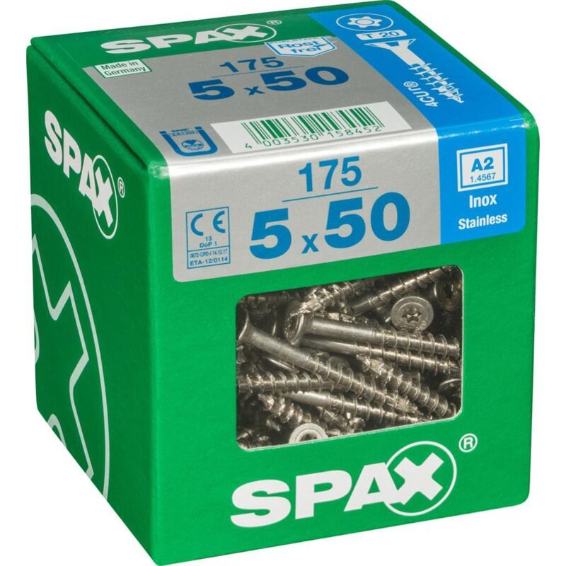 Lot de 175 vis inox t&ecirc;te frais&eacute;e torx SPAX, Diam.5 mm x L.50 mm