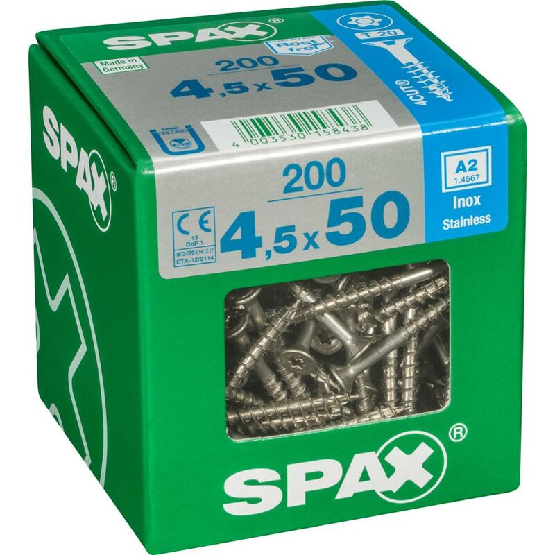 Lot de 200 vis inox t&ecirc;te frais&eacute;e torx SPAX, Diam.4.5 mm x L.50 mm