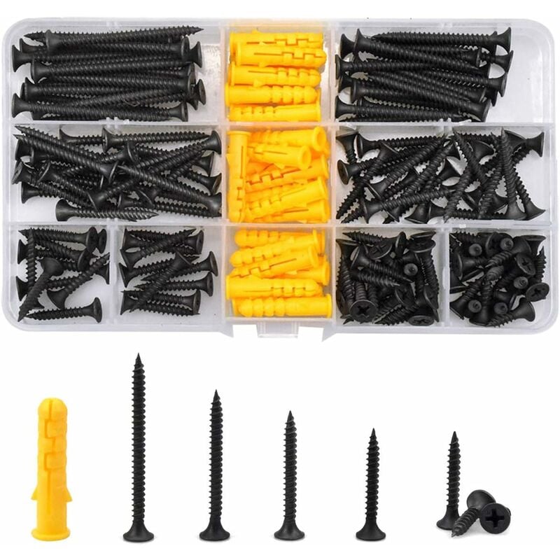 Vis à bois Cruciforme m 3.5 Tête Fraisée Kit d'Outils de Réparation d'Assortiment Vis Croisées avec Cheville Plastique et Boîte pour Rangement Fei Yu