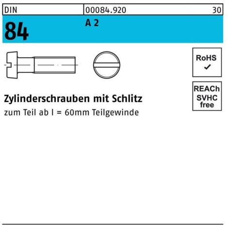 Vis à tête cylindrique DIN 84/ISO 1207 fendue M4x 20 A 2 1000 pièces