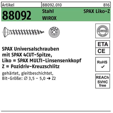 Vis à tête fraisée bombée Pozidriv Wirox Acier zingué blanc entièrement filetées 4x20 boîte de 1000 - SPAX FRANCE