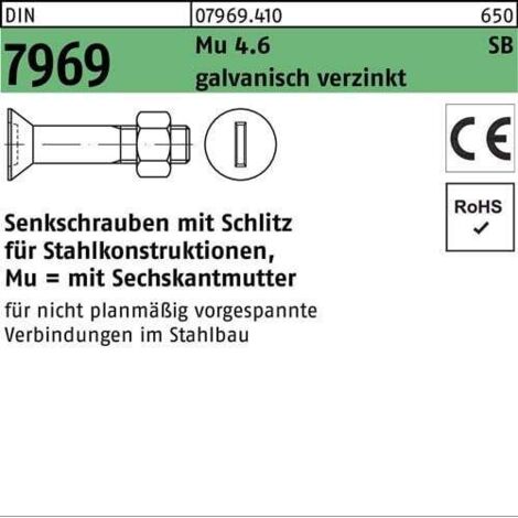 Vis à tête fraisée DIN 7969 fente/écrou M12x 65 4.6 galv. 50pcs