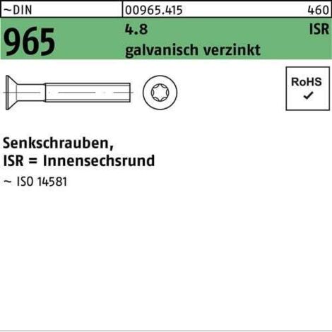 Vis à tête fraisée DIN 965 ISR M6x 25-T30 4.8 galv. 500p.