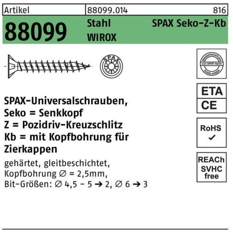 Vis à tête fraisée-S Spax avec alesage tête, filetage complet cruciforme PZ2 5,0x70 UE 200