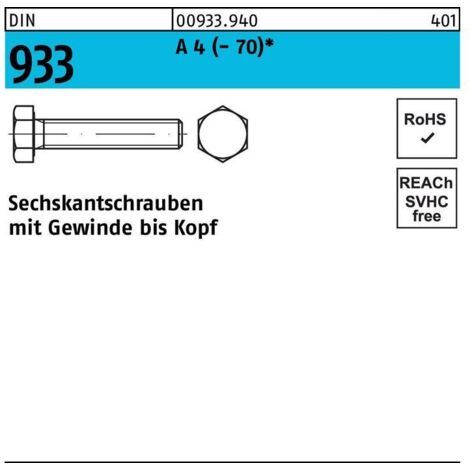 Vis à tête hexagonale DIN 933 VG M8x 25 A 4 (- 70) 200 pièces