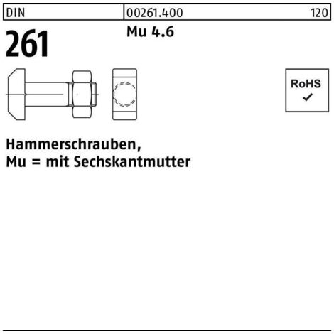 Vis à tête rectangulaire DIN 261 Écrou hexagonal M16x 80 Mu 4.6 10 pièces