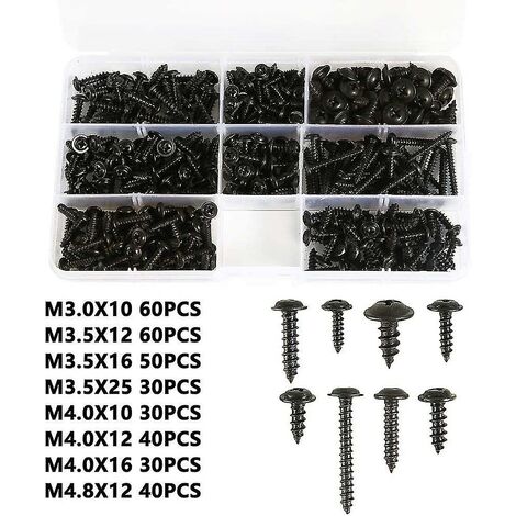 Vis à tôle noire auto-fonctionnelle 340 pièces, vis en acier au carbone auto-inoxydable, vis à tête plate, tête cruciforme pour bois, taille: M3.0-m4.8