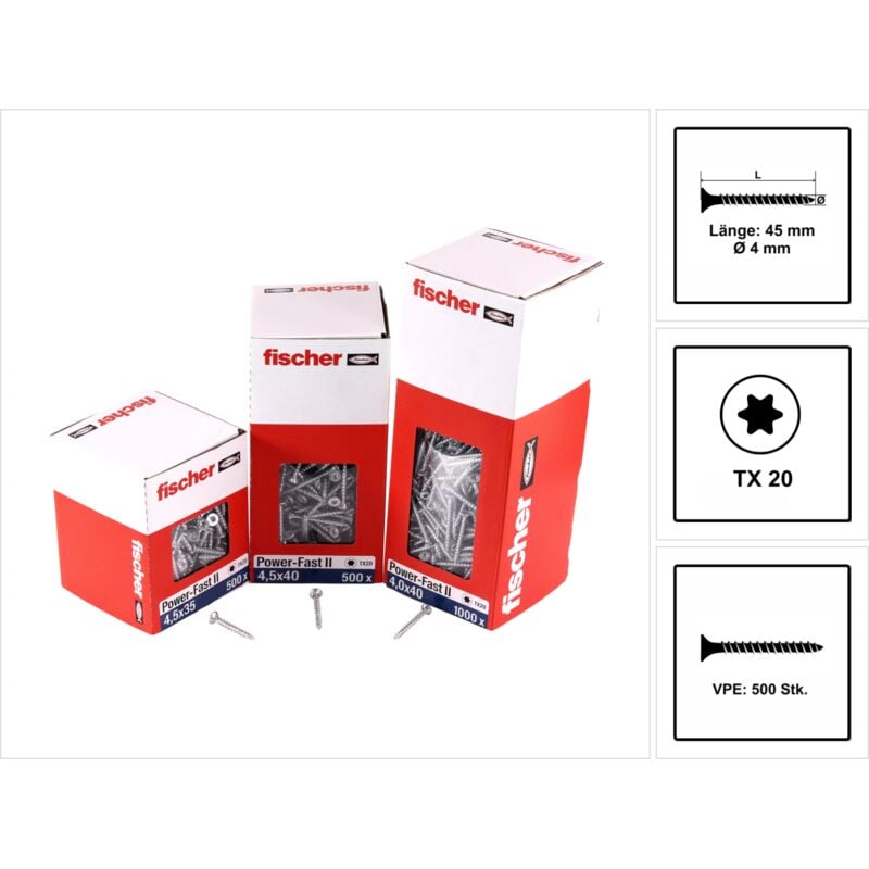 500 Vis vba zingué blanc Power-Fast TX20 Ø4 x 45 mm filetage total Fischer