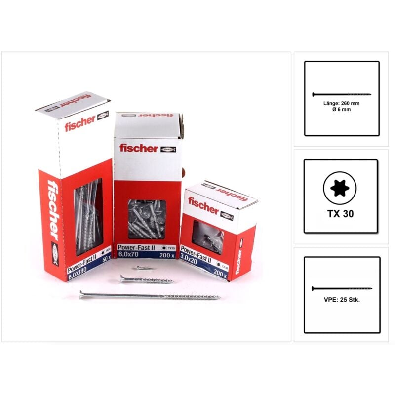 25 Vis Power-Fast fpf-ii-ctp Ø6 x 260 mm, tête fraisée tx, filetage partiel Fischer