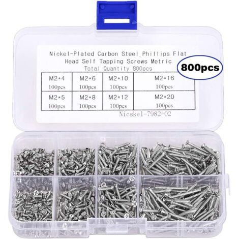 Vis Autotaraudeuse M2 - Acier Inoxydable Nickelé - Longueurs 4 5 6 8 10 12 16 20 mm - Tête Plate Cruciforme - Pour Bois Électronique - 800 Pièces